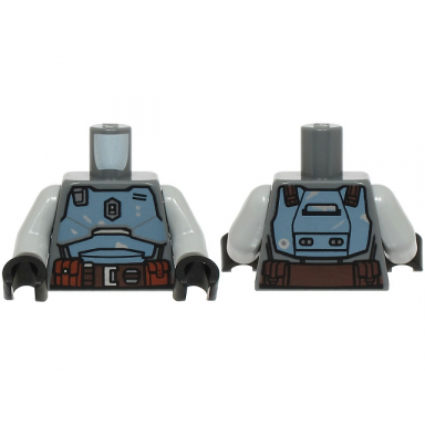 dark bluish gray torso sw mandalorian sand blue beskar armor plates dark brown belt with pouches with black and silver buttons pattern light bluish gray arms black hands