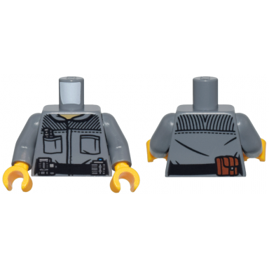 dark bluish gray torso jacket black pockets striped panels and belt with silver and reddish brown pouches pattern dark bluish gray arms bright light orange hands