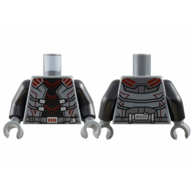 dark bluish gray torso armor black center with dark red trim silver buckles dark silver belt and panels pattern black arms dark bluish gray hands