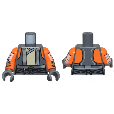 dark bluish gray torso sw vest open with light bluish gray trim over tan tunic belt with cords and ring orange shoulders pattern orange arms with white wrappings and silver bracers pattern dark bluish gray hands