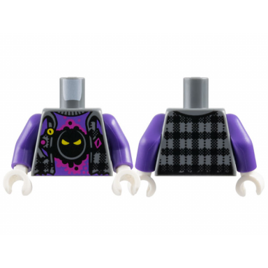 dark bluish gray torso flannel vest over dark purple shirt with black face yellow eyes and magenta splotch pattern dark purple arms white hands