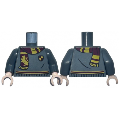 dark bluish gray torso harry potter sweater dark red and bright light orange gryffindor stripe shield and scarf with lion pattern dark bluish gray arms light nougat hands