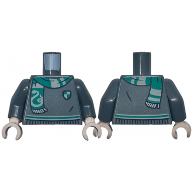 dark bluish gray torso harry potter sweater green and light bluish gray slytherin stripe shield and scarf with snake pattern dark bluish gray arms light nougat hands