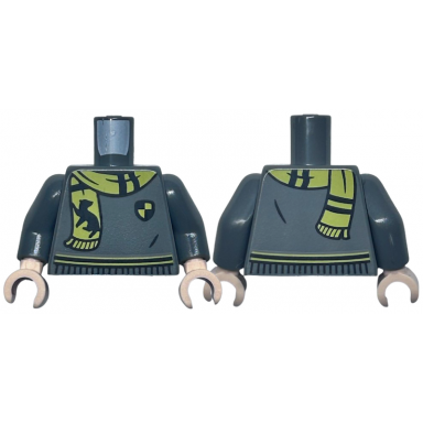 dark bluish gray torso harry potter sweater black and yellow hufflepuff stripe shield and scarf with badger pattern dark bluish gray arms light nougat hands