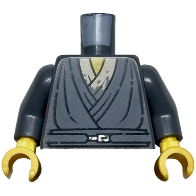 dark bluish gray torso sw jedi robe with silver belt buckle tan shirt with dirt stains yellow neck simulated wear pattern dark bluish gray arms yellow hands