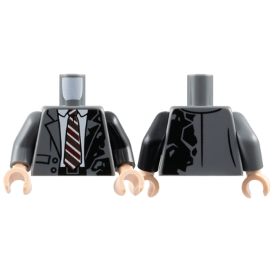 dark bluish gray torso suit jacket open with pockets buttons and burned left side over white shirt tie with dark red and dark brown stripes black belt pattern black arm left dark bluish gray arm right light nougat hands