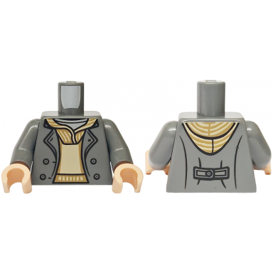 dark bluish gray torso jacket open with buttons over tan hoodie with dark tan stripes and light bluish gray shirt pattern dark bluish gray arms light nougat hands