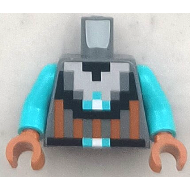 dark bluish gray torso pixelated silver armor with black trim and dark orange stripes belt with medium azure and white buckle pattern medium azure arms dark orange hands