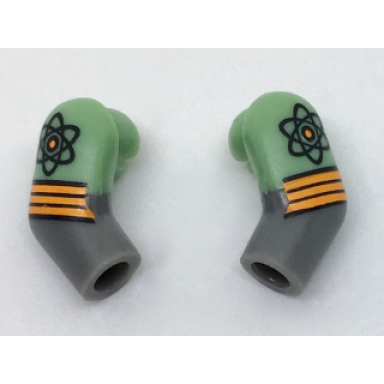 dark bluish gray arm matching left and right pair with molded sand green short sleeves and printed atoms and orange stripes pattern