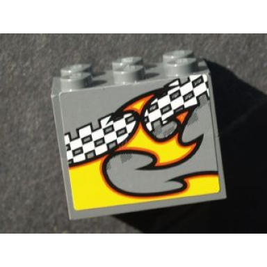 dark bluish gray stickered assembly 3 x 2 x 2 with checkered and flame pattern model left side sticker - set 8134 - 2 brick 2 x 3