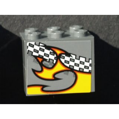 dark bluish gray stickered assembly 3 x 2 x 2 with checkered and flame pattern model right side sticker - set 8134 - 2 brick 2 x 3
