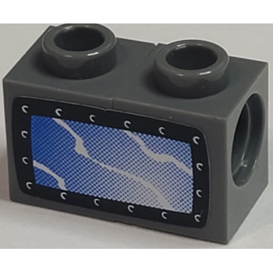 dark bluish gray stickered assembly 2 x 1 x 1 with blue tv screen with white wavy lines and black border pattern sticker - set 3834 - 2 technic brick 1 x 1 with hole
