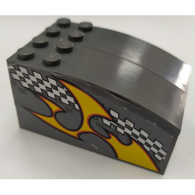 dark bluish gray stickered assembly 6 x 4 x 2 2 3 with checkered stripe and flame pattern on both sides stickers - set 8134 - 2 brick 1 x 6 2 plate 1 x 4 1 plate 2 x 4 1 plate 4 x 6 2 slope curved 6 x 2
