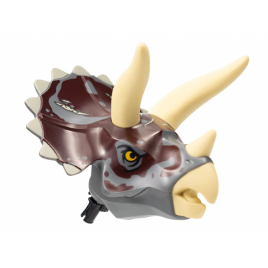 dark bluish gray dinosaur head triceratops with pin tan horns and beak dark red markings and tan scars pattern