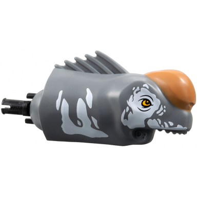 dark bluish gray dinosaur head titanosaurus with black rotation joint pin with bright light orange eyes medium nougat nose and white markings pattern