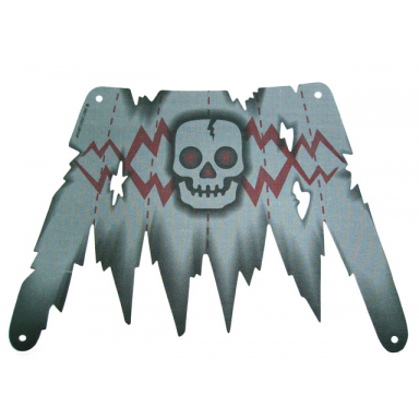 dark bluish gray cloth sail 30 x 20 with red jagged lines and skull pattern tatters and holes