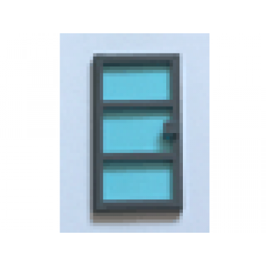 dark bluish gray door 1 x 4 x 6 with 3 panes and square handle with fixed trans-light blue glass