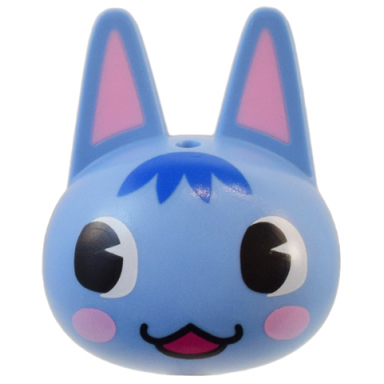 minifigure head modified cat with pointed ears with molded bright pink auricles and printed black eyes blue fur bright pink cheeks and magenta mouth pattern