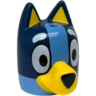 medium blue minifigure head modified dog cattle with straight ears hole on top with molded dark blue top and yellow muzzle and auricles and printed eyes light aqua eyebrows medium blue markings black nose pattern