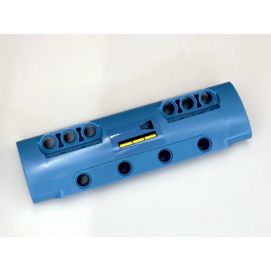 medium blue technic panel curved 11 x 3 with 10 pin holes through panel surface with 3 yellow bars and black fade pattern side b sticker - set 42066