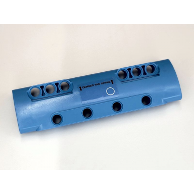 medium blue technic panel curved 11 x 3 with 10 pin holes through panel surface with white circle and black danger fan intake pattern side a sticker - set 42066