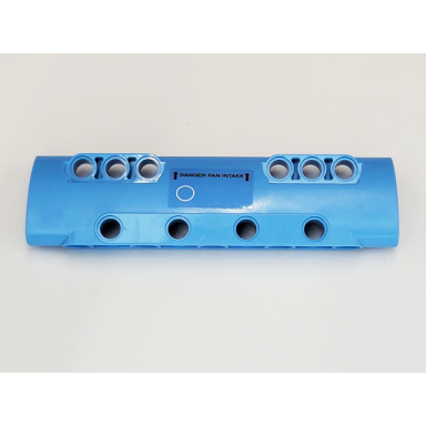 medium blue technic panel curved 11 x 3 with 10 pin holes through panel surface with white circle and black danger fan intake pattern side b sticker - set 42066