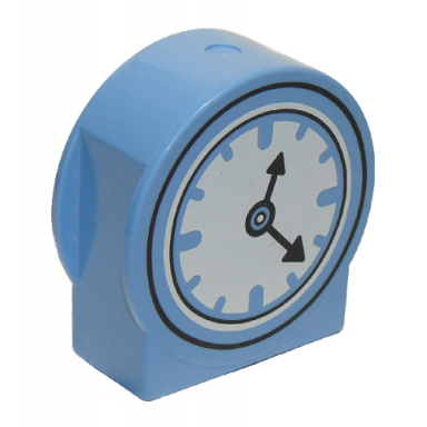 medium blue duplo brick 1 x 2 x 2 round top cut away sides with white clock face with black hands pattern