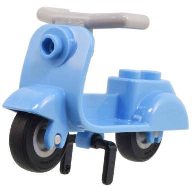 medium blue scooter with black stand light bluish gray angular handlebars and light bluish gray wheels