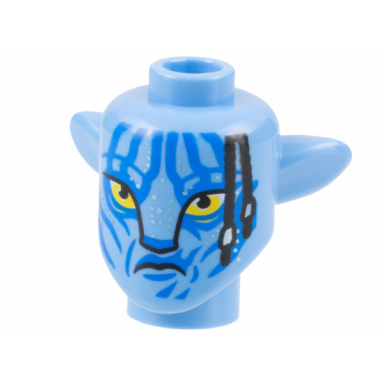 medium blue minifigure head modified alien navi with yellow eyes silver spots blue markings black braids frown pattern