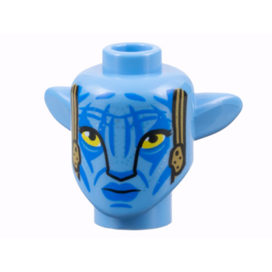 medium blue minifigure head modified alien navi with yellow eyes silver spots blue markings and lips dark tan tassels neutral pattern
