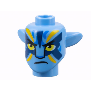 medium blue minifigure head modified alien navi with yellow eyes blue markings bright light orange and dark blue war paint frown pattern