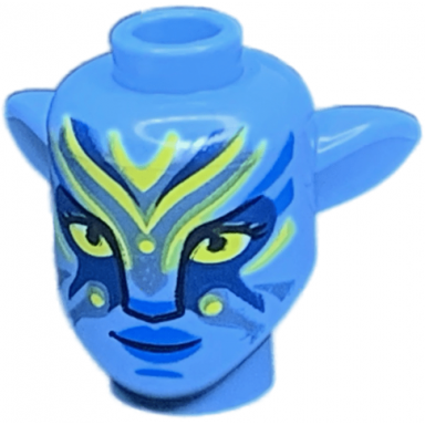 medium blue minifigure head modified alien navi with yellow eyes blue markings and lips dark blue and metallic light blue war paint closed mouth grin pattern