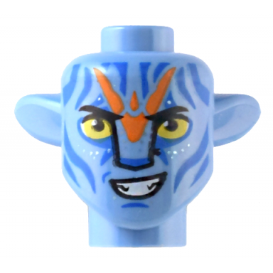 medium blue minifigure head modified alien navi with yellow eyes silver spots blue markings orange war paint lopsided open mouth smile with teeth pattern