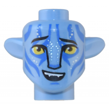 medium blue minifigure head modified alien navi with yellow eyes silver spots blue markings raised eyebrows lopsided open mouth smile with top teeth pattern