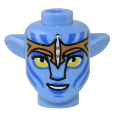 medium blue minifigure head modified alien navi with yellow eyes silver spots blue markings and lips medium nougat headband open mouth smile with teeth pattern