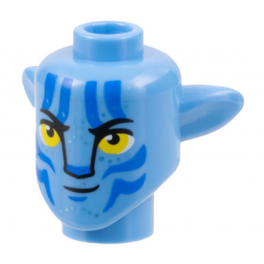 medium blue minifigure head modified alien navi with yellow eyes silver spots blue markings smirk with left corner lifted pattern
