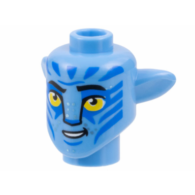 medium blue minifigure head modified alien navi with yellow eyes silver spots blue markings lopsided open mouth smile with teeth pattern