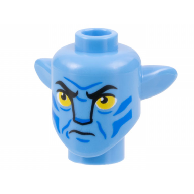 medium blue minifigure head modified alien navi with yellow eyes blue markings frown pattern