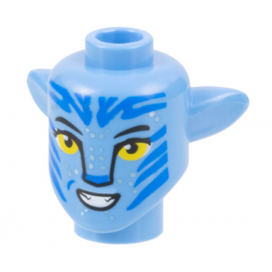 medium blue minifigure head modified alien navi with yellow eyes silver spots blue markings open mouth smile with teeth pattern