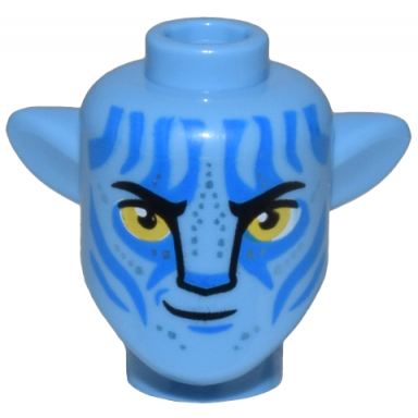 medium blue minifigure head modified alien navi with yellow eyes silver spots wide blue markings smirk with right corner lifted pattern