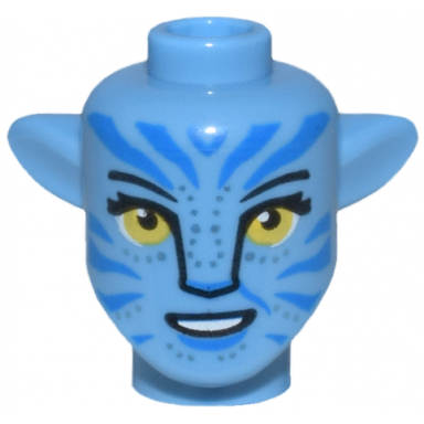 medium blue minifigure head modified alien navi with yellow eyes with long eyelashes silver spots blue markings open mouth smile with teeth pattern