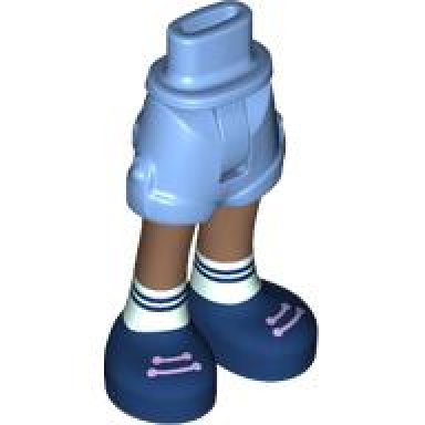 medium blue mini doll hips and shorts with molded medium brown legs and printed dark blue shoes with lavender laces and white socks pattern - thin hinge