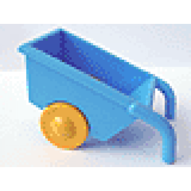 medium blue duplo wheelbarrow with thin yellow wheels