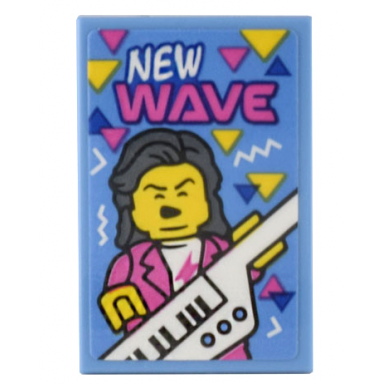 medium blue tile 2 x 3 with poster 80s musician keytar player dark pink yellow and dark blue triangles and new wave pattern sticker - set 10306