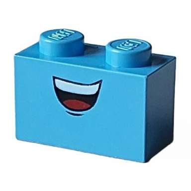 medium blue brick 1 x 2 with open mouth smile with top teeth and red tongue chin dimple pattern cars guido