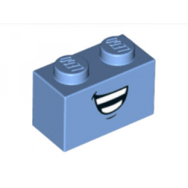 medium blue brick 1 x 2 with open mouth laugh pattern