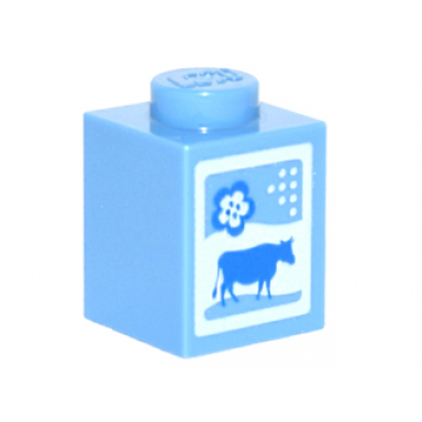 medium blue brick 1 x 1 with blue cow and flower on white background pattern milk carton