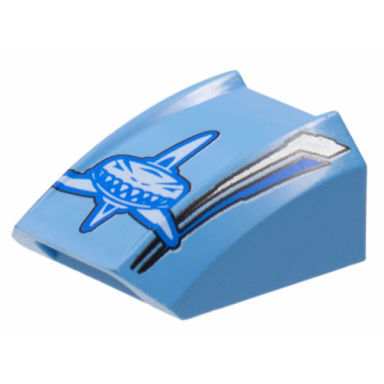 medium blue slope curved 2 x 2 lip with blue and white shark angled silver stripes pattern