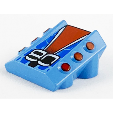 medium blue brick modified 2 x 2 no studs sloped with 6 side pistons raised with stylized 80 on red white black and blue pattern