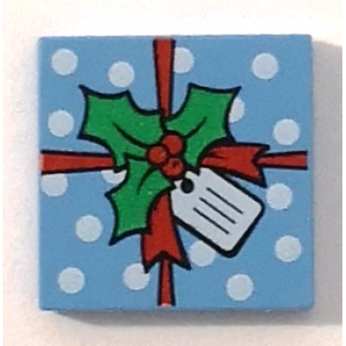 medium blue tile 2 x 2 with green holly leaves red ribbon and white gift tag and polka dots pattern